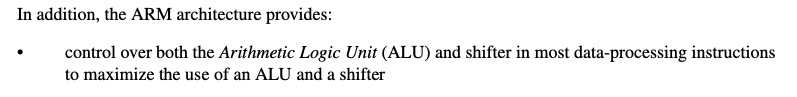 Explanation of how ARM instructions control both the ALU and the shifter to maximize efficiency