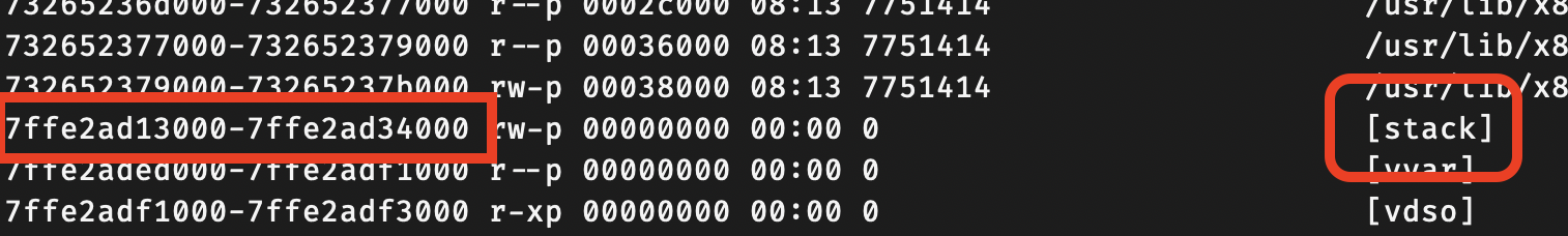 The first column of /proc/self/maps showing the virtual address range of the stack region