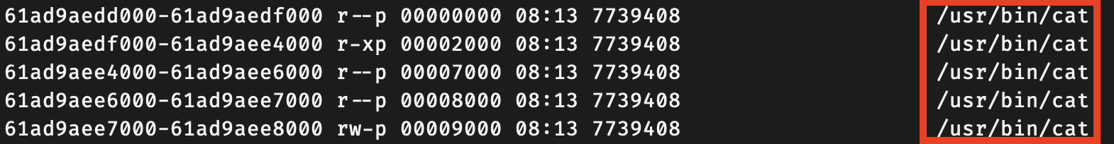 The last column of /proc/self/maps showing mapped file paths such as /usr/bin/cat and shared libraries