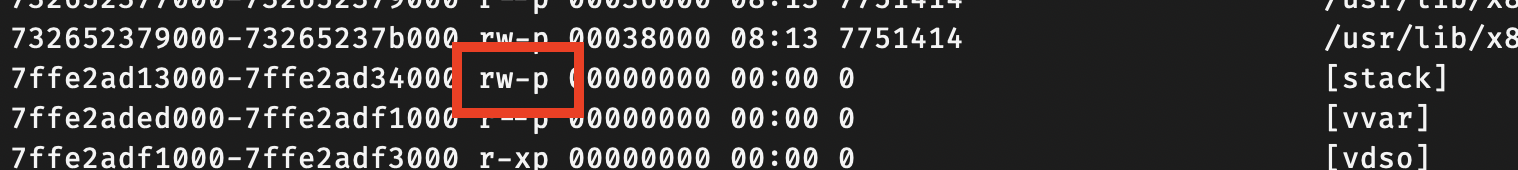 The permissions column of /proc/self/maps showing `rw-p` for the stack region