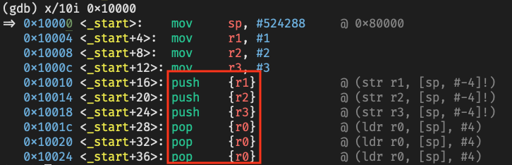 STR and LDR instructions shown as PUSH and POP in GDB disassembly
